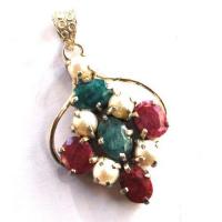 Rub 180 pendentif pendant 60mm rubis emeraude perles 8x10mm argent925 1