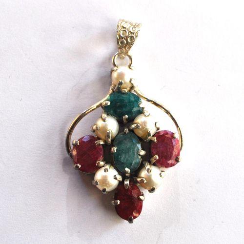 Rub 180 pendentif pendant 60mm rubis emeraude perles 8x10mm argent925 2