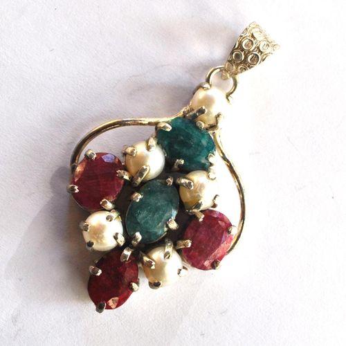 Rub 180 pendentif pendant 60mm rubis emeraude perles 8x10mm argent925 3