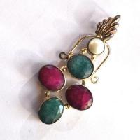 Rub 182 pendentif pendant 70x30mm rubis emeraude perle argent925 1