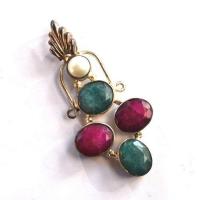 Rub 182 pendentif pendant 70x30mm rubis emeraude perle argent925 2