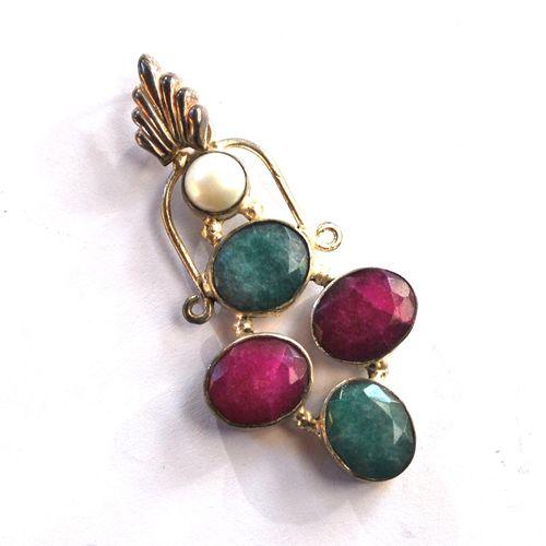 Rub 182 pendentif pendant 70x30mm rubis emeraude perle argent925 2