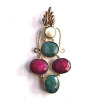 Rub 182 pendentif pendant 70x30mm rubis emeraude perle argent925 4