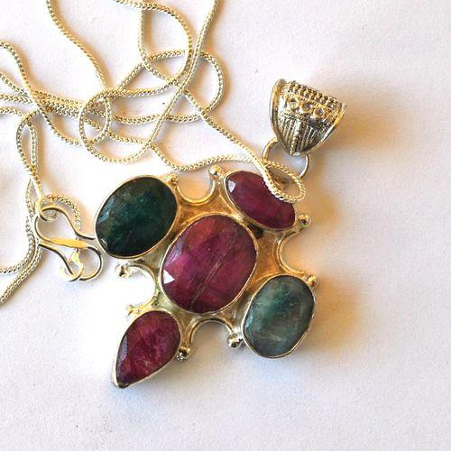 Rub 183 pendentif pendant rubis emeraude argent 925 60mm 17gr 1