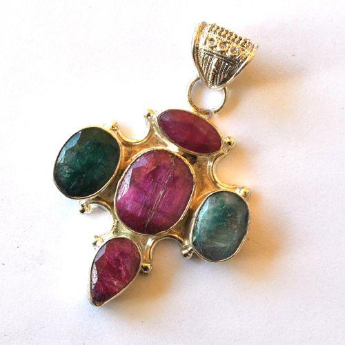 Rub 183 pendentif pendant rubis emeraude argent 925 60mm 17gr 2