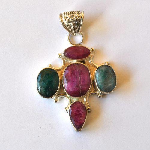 Rub 183 pendentif pendant rubis emeraude argent 925 60mm 17gr 3