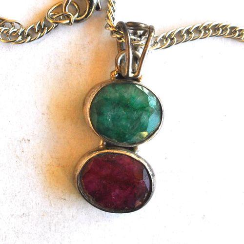 Rub 203 pendant chaine 44cm rubis emeraude 12x36mm argent 1