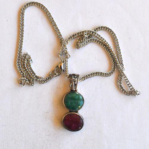 Rub 203 pendant chaine 44cm rubis emeraude 12x36mm argent 2