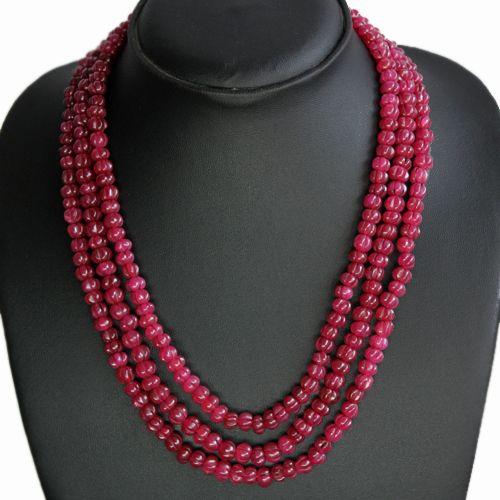 Rub 321 collier parure 3rangs rubis perles gravees sculptees 7mm 88gr 3