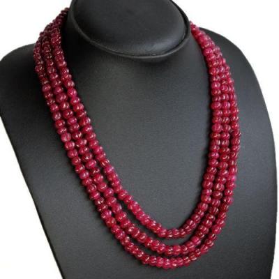 Rub 321 collier parure 3rangs rubis perles gravees sculptees 7mm 88gr 4