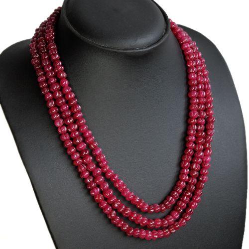 Rub 321 collier parure 3rangs rubis perles gravees sculptees 7mm 88gr 4