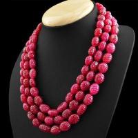 Rub 322 collier parure sautoir 3rangs 10x15mm rubis perles gravees 180gr bijoux ethniques 1