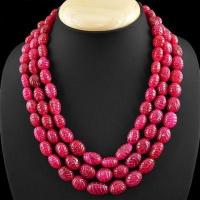 Rub 322 collier parure sautoir 3rangs 10x15mm rubis perles gravees 180gr bijoux ethniques 2 