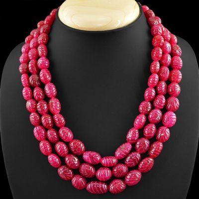 Rub 322 collier parure sautoir 3rangs 10x15mm rubis perles gravees 180gr bijoux ethniques 2