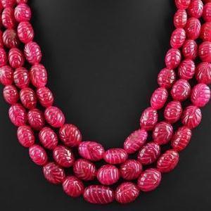 Rub 322 collier parure sautoir 3rangs 10x15mm rubis perles gravees 180gr bijoux ethniques 1 