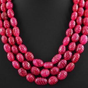 Rub 322 collier parure sautoir 3rangs 10x15mm rubis perles gravees 180gr bijoux ethniques 4