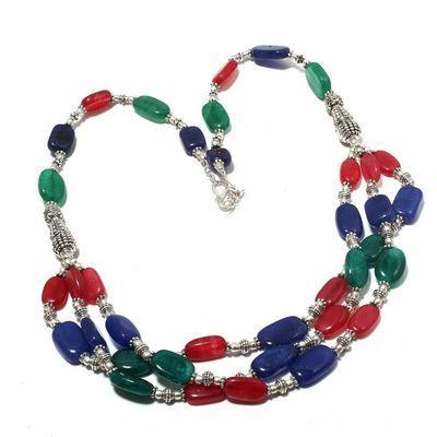 Rub 837a collier parure sautoir 3rangs 10x15mm rubis saphir emeraude 59gr achat vente bijoux ethniques