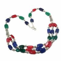 Rub 837b collier parure sautoir 3rangs 10x15mm rubis saphir emeraude 59gr achat vente bijoux ethniques