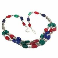 Rub 837c collier parure sautoir 3rangs 10x15mm rubis saphir emeraude 59gr achat vente bijoux ethniques