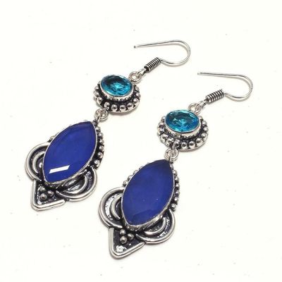 Sa 0441b boucles oreilles saphir topaze bleue 17gr 10x20mm achat vente bijou argent 925