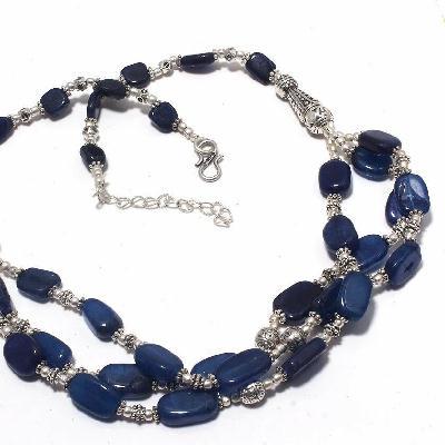 SA-0478 - Joli COLLIER - Parure 3 rangs de perles en SAPHIR Bleu du cachemire 10 x  15 mm - Argent 925 - 260 carats  - 52 gr