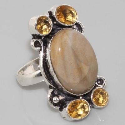 CT-0538 - Petite BAGUE Médiévale T55 CITRINE et JASPE - Argent 925 - 44 carats 8,8 gr