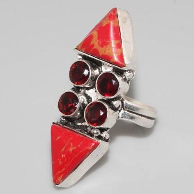 GR-0733 - Jolie petite BAGUE T54 cabochon GRENAT et TURQUOISE Rouge argent 925 - 34 carats 6,8 gr
