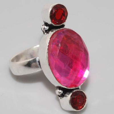 GR-0734 - Jolie petite BAGUE T 54 cabochon GRENAT et TOPAZE résine Rose argent 925 - 31,5 carats 6,3 gr