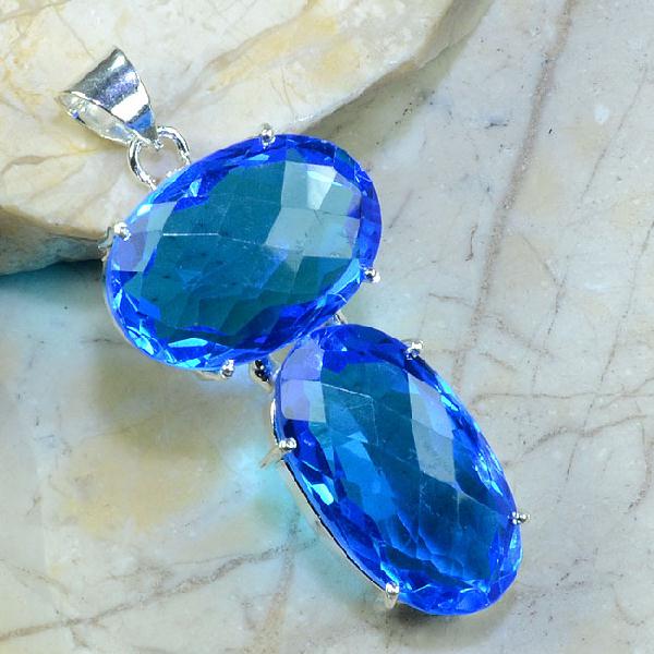 Tpz 063a pendentif pierre topaze bleue gemme taille bijou argent 925 vente achat