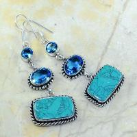 Tpz 177a boucles pendants oreilles turquoise topaze bleue argent 925 vente achat