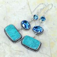 Tpz 177b boucles pendants oreilles turquoise topaze bleue argent 925 vente achat