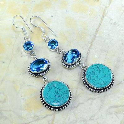 Tpz 179a boucles pendants oreilles turquoise topaze bleue argent 925 vente achat