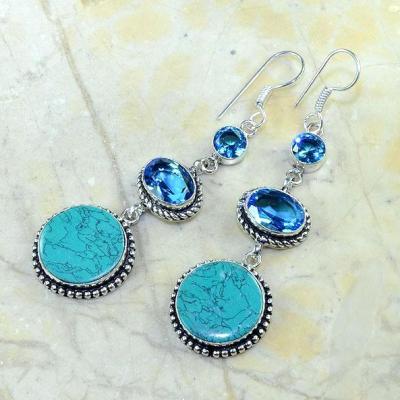 Tpz 179a boucles pendants oreilles turquoise topaze bleue argent 925 vente achat