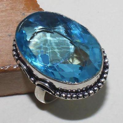 TPZ-391 - Magnifique BAGUE T 60 chaton en TOPAZE Bleu Suisse taillée ovale 18 x 28 mm sur monture argent 925 - 60 carats 12 gr