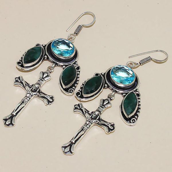 Tpz 401b boucles croix crucifix oreilles topaze saphir bijou argent 925 vente achat