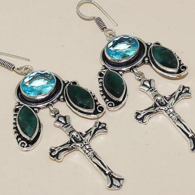 Tpz 401c boucles croix crucifix oreilles topaze saphir bijou argent 925 vente achat