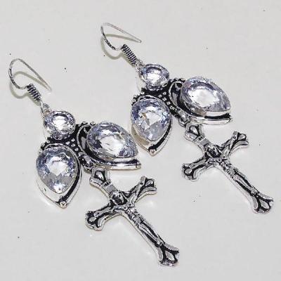 Tpz 452a boucles croix crucifix oreilles topaze blanche cristal argent 925 vente achat