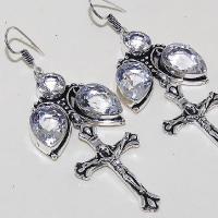 Tpz 452c boucles croix crucifix oreilles topaze blanche cristal argent 925 vente achat