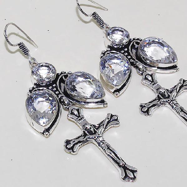 Tpz 452c boucles croix crucifix oreilles topaze blanche cristal argent 925 vente achat