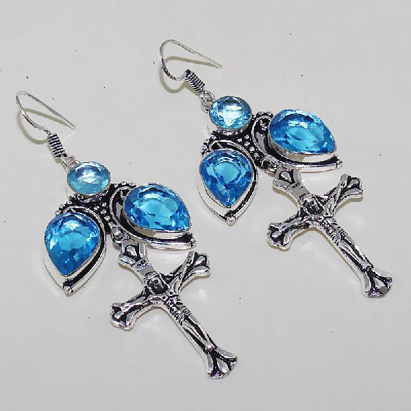 Tpz 453a boucles croix crucifix oreilles topaze bleue cristal argent 925 vente achat