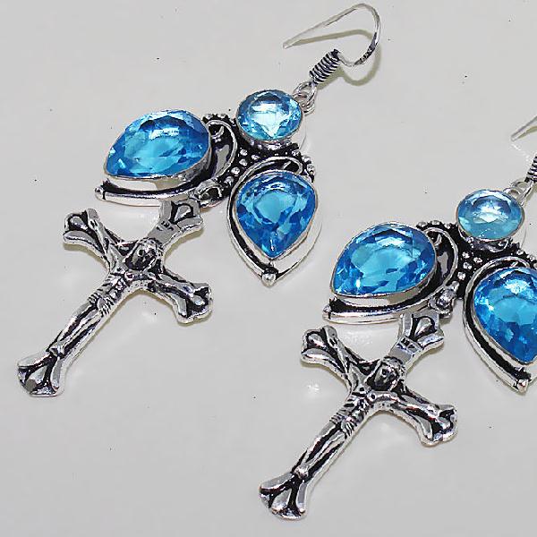 Tpz 453b boucles croix crucifix oreilles topaze bleue cristal argent 925 vente achat