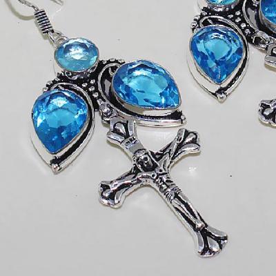 Tpz 453c boucles croix crucifix oreilles topaze bleue cristal argent 925 vente achat