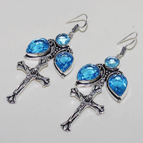 Tpz 453d boucles croix crucifix oreilles topaze bleue cristal argent 925 vente achat