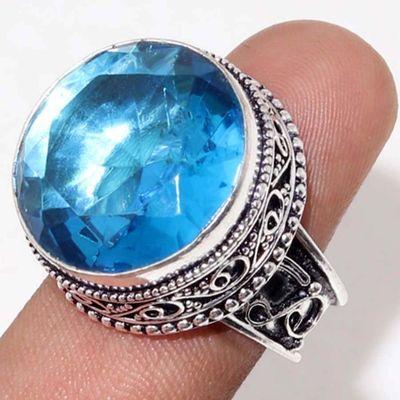 Tpz 658a bague chevaliere t58 14gr topaze bleu 20mm ethnique bijou argent 925 vente achat