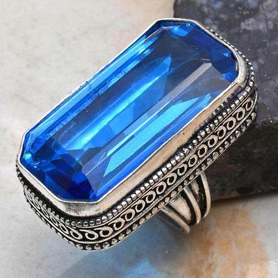 Tpz 700b bague chevaliere 17gr t54 topaze bleu 16x32mm ethnique bijou argent 925 vente achat