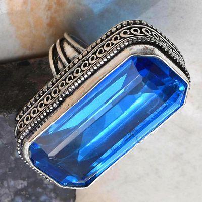 Tpz 700b bague chevaliere 17gr t54 topaze bleu 16x32mm ethnique bijou argent 925 vente achat