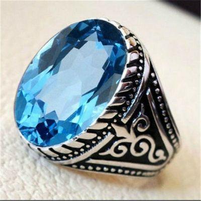 Tpz 703a bague chevaliere 7gr t58 topaze bleu 14x18mm ethnique bijou argent 925 vente achat