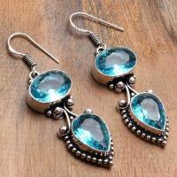 Tpz 743a boucles oreilles pendants 13gr 10x12mm paire topaze bleu suisse argent 925 vente achat