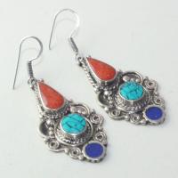 Tqa 169a boucles oreilles tibet orientale turquoise corail lapis lazuli achat vente argent 925