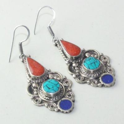 Tqa 169b boucles oreilles tibet orientale turquoise corail lapis lazuli achat vente argent 925